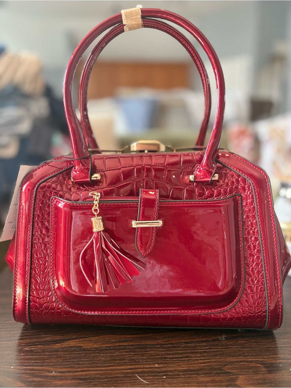 Red Patent Satchel Handbag with separate smaller zip wallet